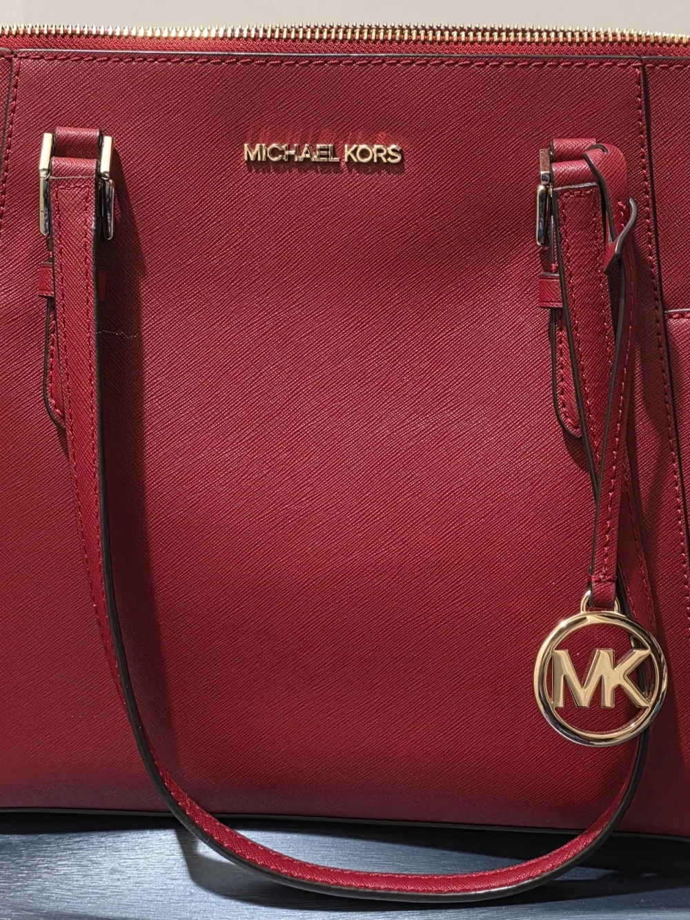 Michael Kors Cherry Red Saffiano Leather Tote with MK Charm